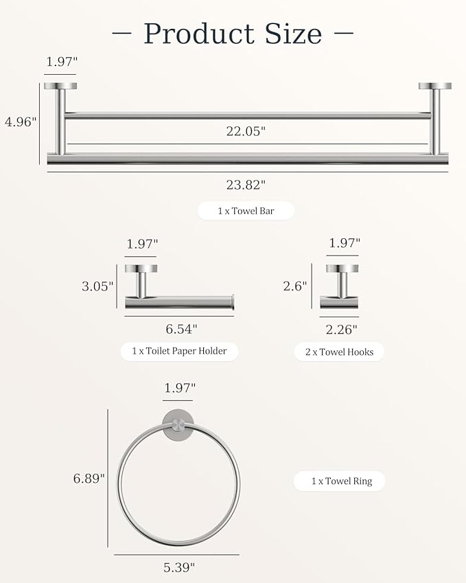 Brushed Nickel Bathroom Accessories Set, SUS304 Stainless Steel 5 Pieces Bathroom Hardware Set, 24" Double Bath Towel Bar Set, 2 Towel Hooks, Toilet Paper Holder, Towel Racks for Bathroom Wall Mounted