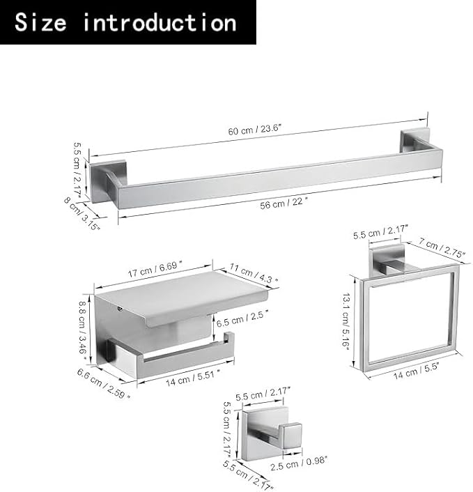 10-Piece Bathroom Hardware Set - Brushed Nickel SUS304 Stainless Steel Wall-Mounted Towel Bar, Holder & Racks, 23.6 Inch