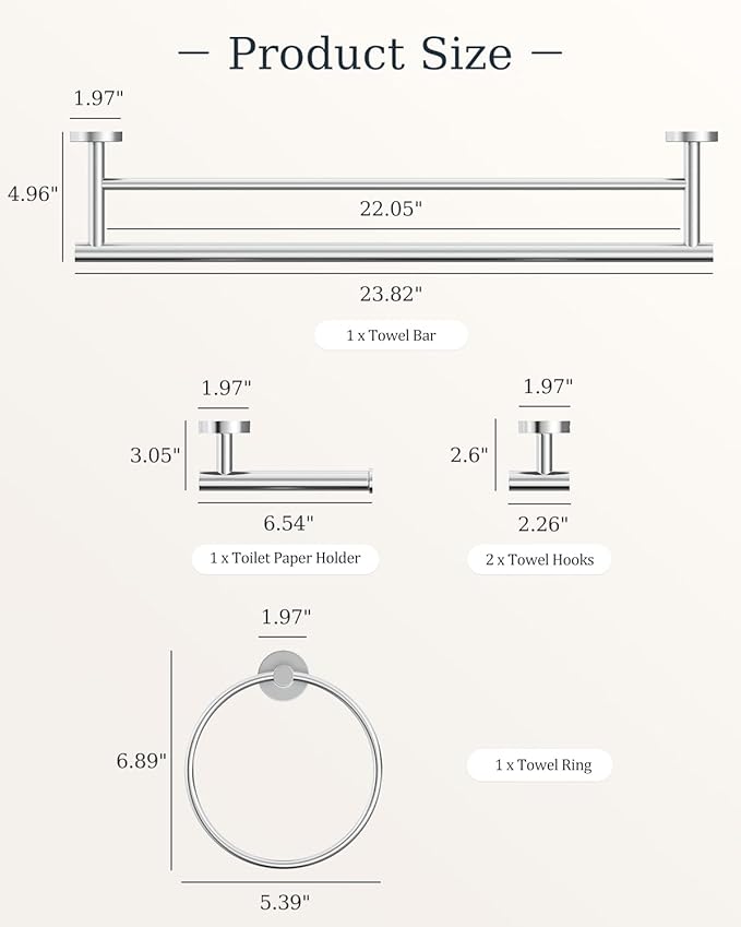 Chrome Bathroom Accessories Set, SUS304 Stainless Steel 5 Pieces Bathroom Hardware Set, 24 Inch Double Bath Towel Bar Set, 2 Towel Hooks, Toilet Paper Holder, Towel Racks for Bathroom Wall Mounted