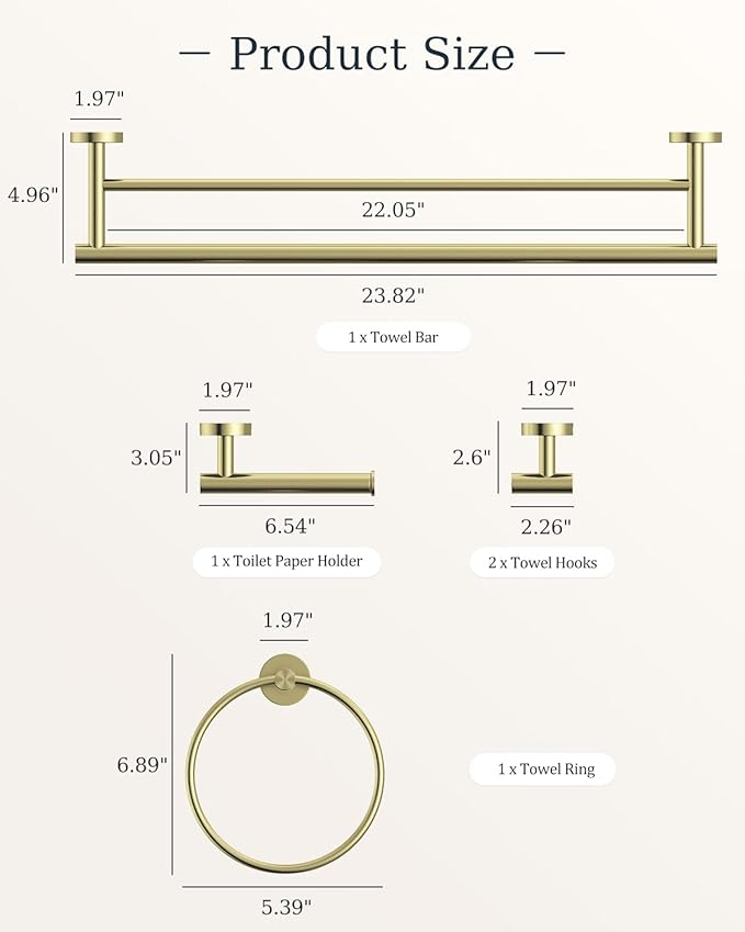 Brushed Gold Bathroom Accessories Set, SUS304 Stainless Steel 5 Pieces Bathroom Hardware Set, 24" Double Bath Towel Bar Set, 2 Towel Hooks, Toilet Paper Holder, Towel Racks for Bathroom Wall Mounted