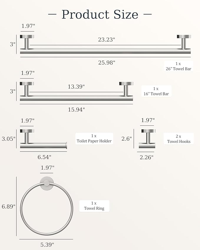 Brushed Ncikel Bathroom Accessories Set, SUS304 Stainless Steel 6 Pieces Bathroom Hardware Set, 16&26 Inch Bath Towel Bar Set, 2 Towel Hooks, Toilet Paper Holder, Towel Racks for Bathroom Wall Mounted
