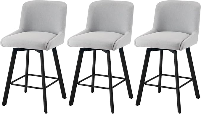 Swivel Bar Stools Set of 3, 26''H Upholstered Barstools with Backs, Modern Counter Height Bar Stool Chairs for Kitchen Island, Metal Legs, Light Gray Fabric Counter Stools