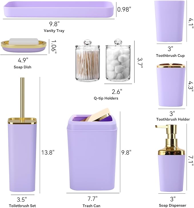 Purple Bathroom Accessories Set, Purple and Gold Bathroom Accessories with Trash Can, Soap Dispenser, Soap Dish, Toothbrush Holder and Q-tip Holders