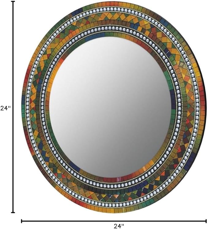 Mosaic Mirror, Wall Art Décor – Handcrafted Decorative Wall Mirror, Autumn Green, Deep Blue, and Brown Round Mosaic