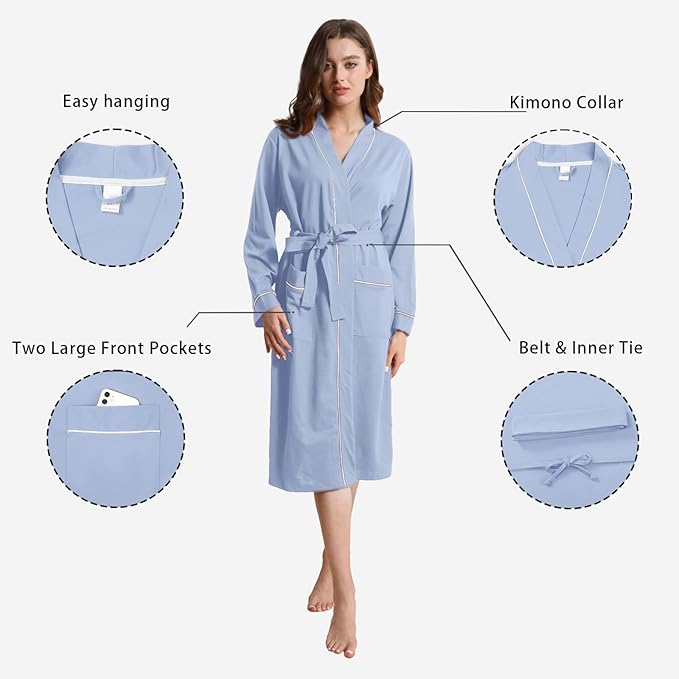 Womens Kimono Robe Lightweight Soft Bathrobe Sleepwear Loungewear with Pockets