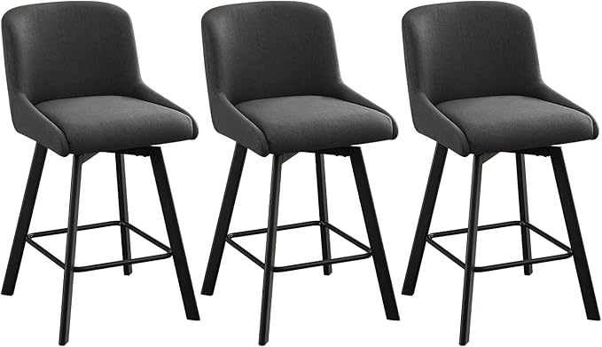 Swivel Counter Height Bar Stools Set of 3, 26''H Upholstered Barstools with Backs, Modern Bar Stool Chairs for Kitchen Island, Metal Legs, Fabric, Black Grey Stools Counter Chair