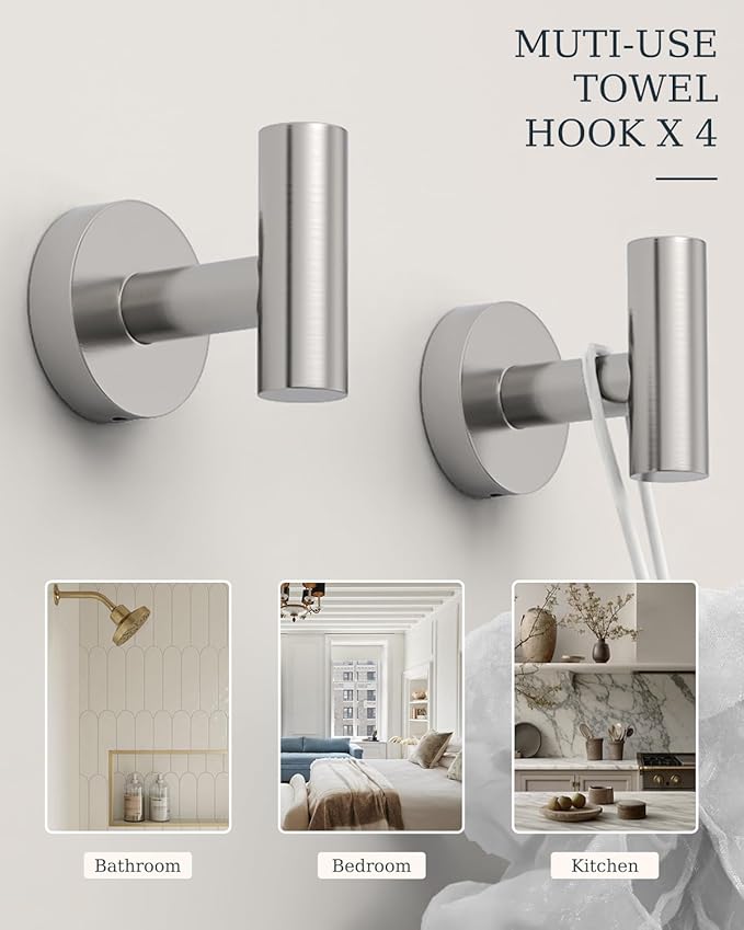 Brushed Ncikel Bathroom Hardware Set 10 Pieces, Stainless Steel Towel Bar Set Includes 26 inch Towel Bar, 4 Towel Hook, 2 Towel Ring Toilet Paper Holder