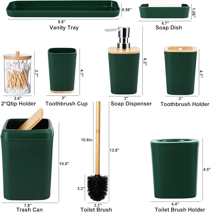 Bathroom Accessory Set 9 Piece Hunter Green Bathroom Set with Trash Can Bathroom Accessories Green Bathroom Decor