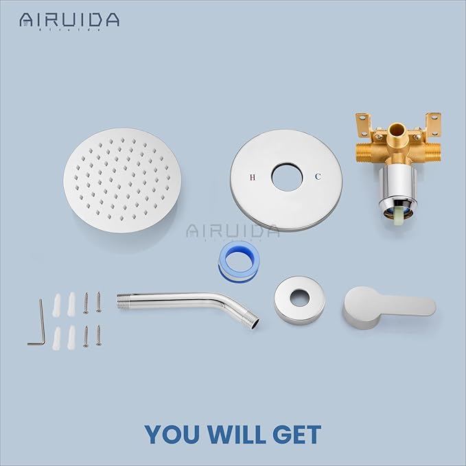 Airuida Shower Faucet Set,Single Function Shower Trim Kit,Wall Mount 6 Inch Round Rainfall Shower Head and Handle Set,Single Handle Shower System Set Male Threads Rough-in Valve Chrome Polish
