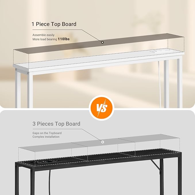 ELYKEN 2 Pack 5.9" Narrow Console Sofa Table with Power Outlets, 5.9" Dx39.4 Wx31.1 H Long Couch Table with Metal Frame and Charge Station with 6.5’ Extension Cord, White