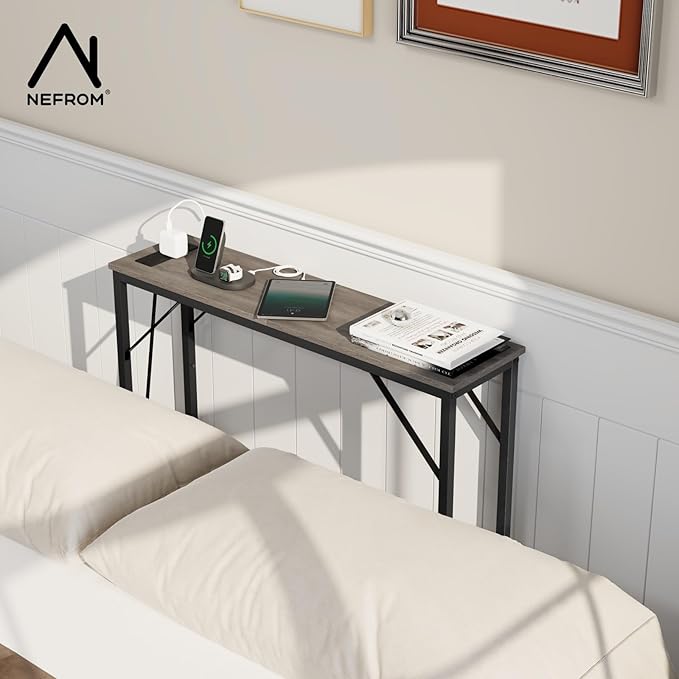 31.5‘’ Console Table, Skinny Entryway Table with Fast-Charging Station, Narrow Long Sofa Table, Behind Slim Couch Table for Entrance, Hallway, Living Room Decor ST-GY80-1