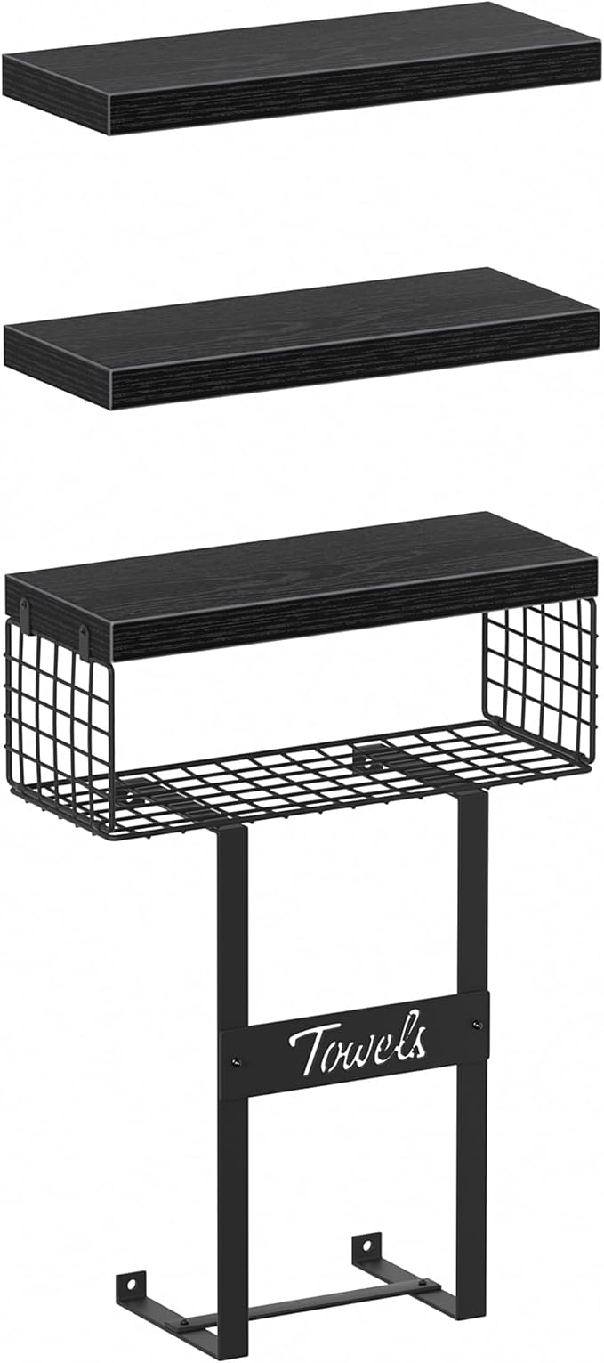 Bathroom Shelves Over Toilet - Floating Shelf for Wall Above Toilet Towels Holder Small Farmhouse Decor Shelves (15.7 inch, Set of 3, Black)
