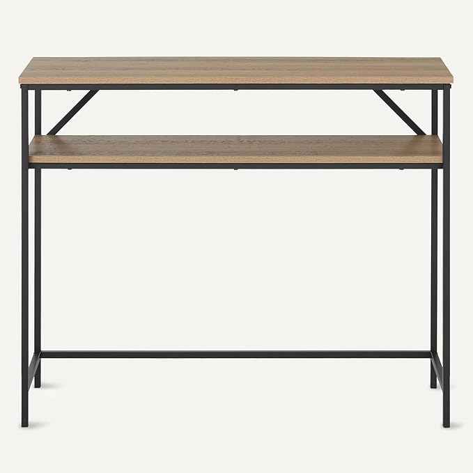Amazon Basics Rectangular Console Table with Storage Shelf, Steel Frame, 39x31x11.8 in, Oak Finish