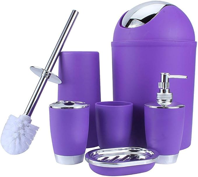 Bathroom Accessories Set 6 Pieces Plastic Bathroom Accessories Toothbrush Holder, Rinse Cup, Soap Dish, Hand Sanitizer Bottle, Waste Bin, Toilet Brush with Holder(6 Colors) (Purple)