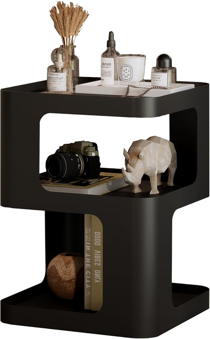 Side Table,Modern end Table,Unique nightstand,Bedside Table,Black Metal Night Stand with Storage,Accent Side Table for Couch,Bedroom,Living Room.No Assembly Required