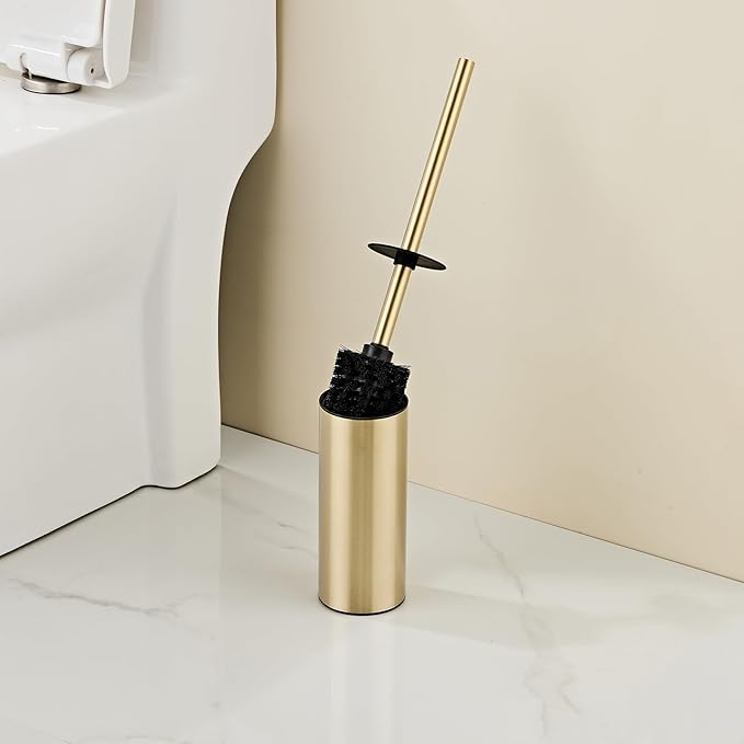 Toilet Brush and Holder Set, NEWRAIN 304 Stainless Steel Toilet Brush with Long Brush Handle, Brushed Gold Toilet Scrubber and Covered Holder, Round Design Sturdy and Space Saving, Covered Brush