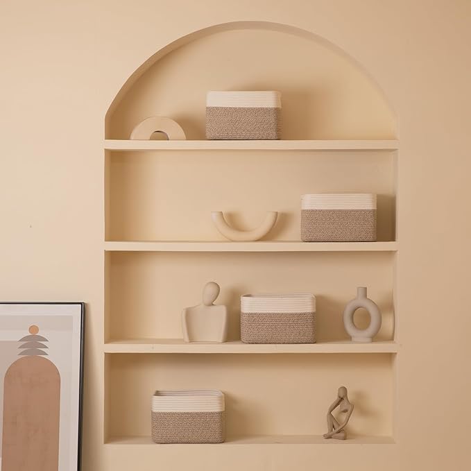 4 Pack Storage Baskets for Organizing, Woven Baskets for Shelves - Perfect for Toys, Books, Towels, and Clothes, Durable Gift Basket Bins Toy Storage, 12.7''Lx9''Wx7.8''H, Brown & White