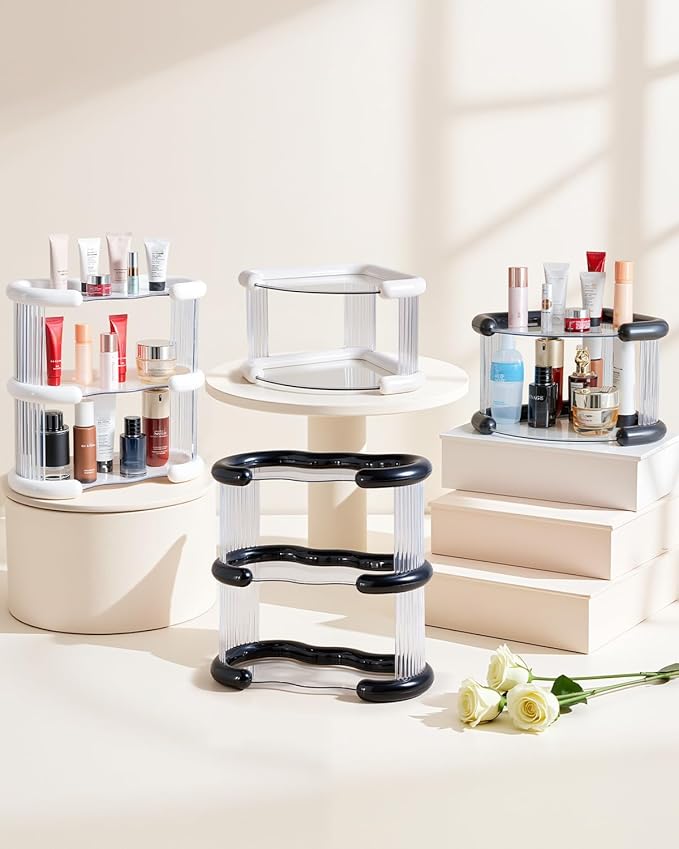 Corner Bathroom Counter Organizer, Perfume Skincare Organizers and Storage Countertop, Makeup Shelf for Vanity Dresser, Tiered Counter Top Skin Care Holder, 2 Tier, White