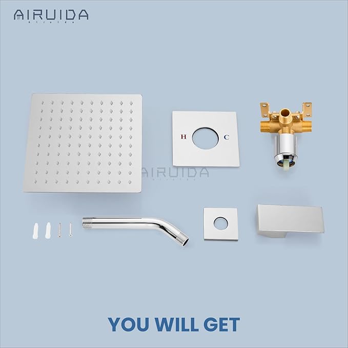 Airuida Shower Faucet Set Bathroom Rain Shower System SUS304 Stainless Steel Single Handle With Male Threads Rough-in Valve Shower Trim Kit 8 Inch Wall Mount Shower Head Chrome Polish