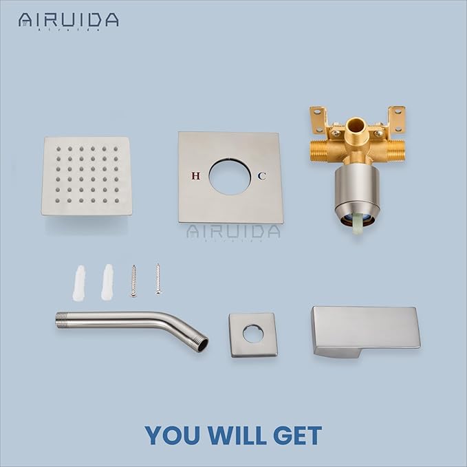 Airuida Shower Faucet Set Bathroom Rain Shower System SUS304 Stainless Steel Single Handle With Male Threads Rough-in Valve Shower Trim Kit 4 Inch Wall Mount Shower Head Brushed Nickel