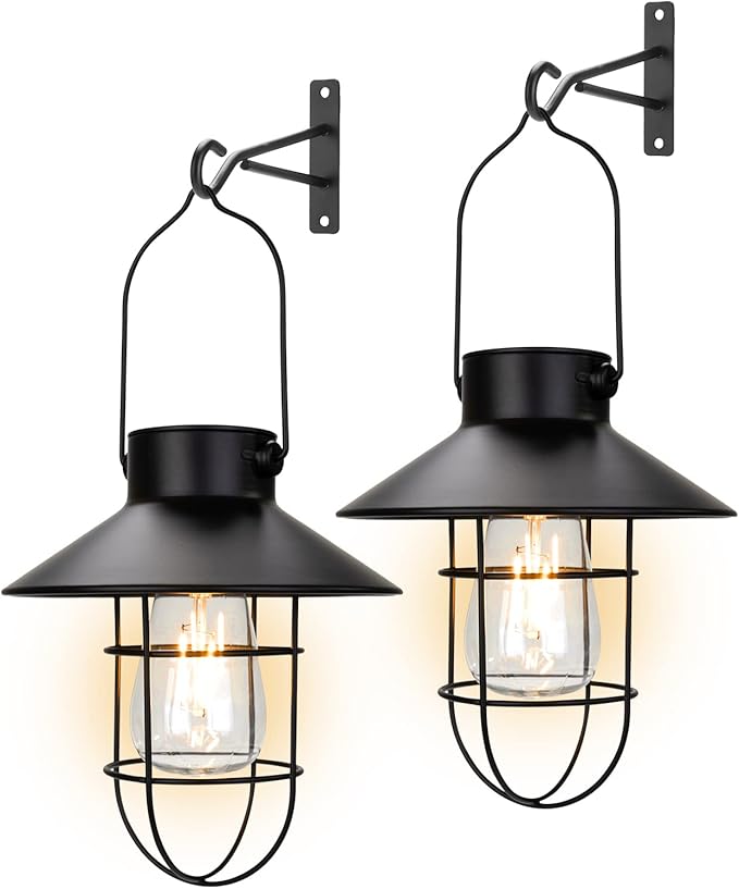 pearlstar Solar Lantern Outdoor 2 Packs Hanging Light Metal Solar Lamp with Warm White Edison Bulb Design for Garden Yard Patio Proch Decor(Black)