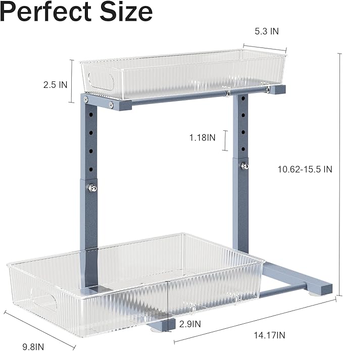 1 Pack 10.62"-15.5"H Under Sink Organizer, 2-Tier Pull Out Cabinet Organizer, Acrylic Under Sink Storage for Kitchen Bathroom Cabinet, L-Shaped Adjustable Height for Maximum Space Efficiency-Gray