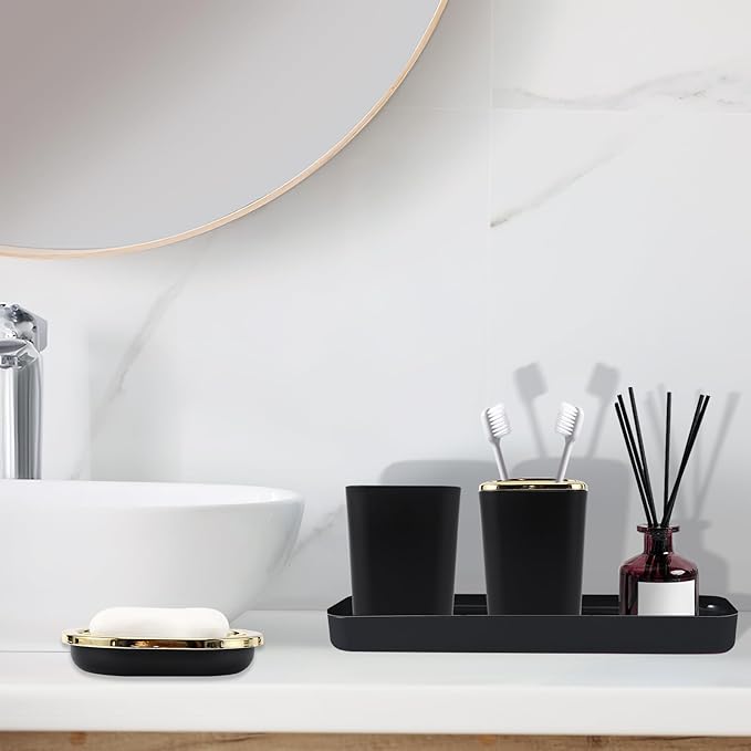 Black Bathroom Accessories Set, Black and Gold Bathroom Accessories with Trash Can, Tray, Soap Dispenser, Soap Dish, Toothbrush Holder, Toothbrush Cup,Toilet Brush and Qtip Holders