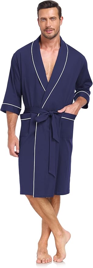 COLORFULLEAF Men's Bathrobes 100% Cotton Soft Comfort Breathable Short Sleeve Summer Kimono Mens Lightweight Robe