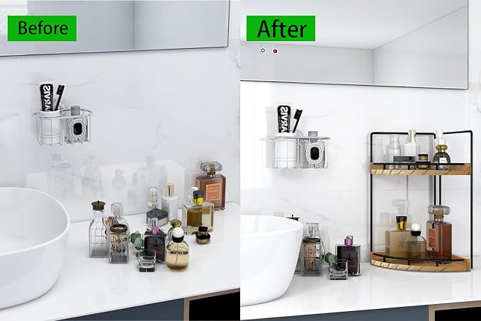 Dorhors 2-Tier Bathroom Counter Organizer,Vanity Counter Corner Shelf, Skincare, Wood Countertop Bathroom Storage and Organization for Kitchen (Brown)