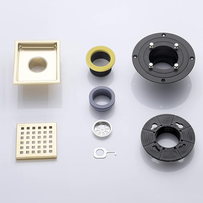 4 Inch Brushed Gold Shower Floor Drain Square for Bathroom Kitchen Removable Grill Plate Cover with Flange Kit, Sus304 Stainless Steel Brass Finish