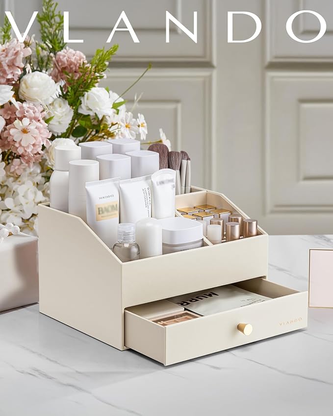 Vlando Makeup Organzier,Vanity Organizer with Drawers, PU Leather Skincare Organizer Perfume Organizer,Large Cosmetic Display Case for Lipstick,Brushes Gifts for Women-Beige