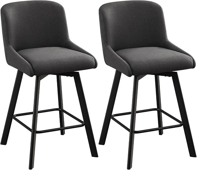 Swivel Counter Height Bar Stools Set of 2, 26''H Upholstered Barstools with Backs, Modern Bar Stool Chairs for Kitchen Island, Metal Legs, Fabric, Black Grey Stools Counter Chair