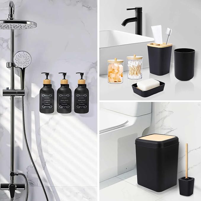 Black and Wood Bathroom Accessories Set 19Pcs, Bathroom Set with Trash Can and Toilet Brush, 3PCS Drill Free 17oz Soap Dispenser Wall Mounted, Toothbrush Holder and Cup, Soap Dish, Qtip Holder