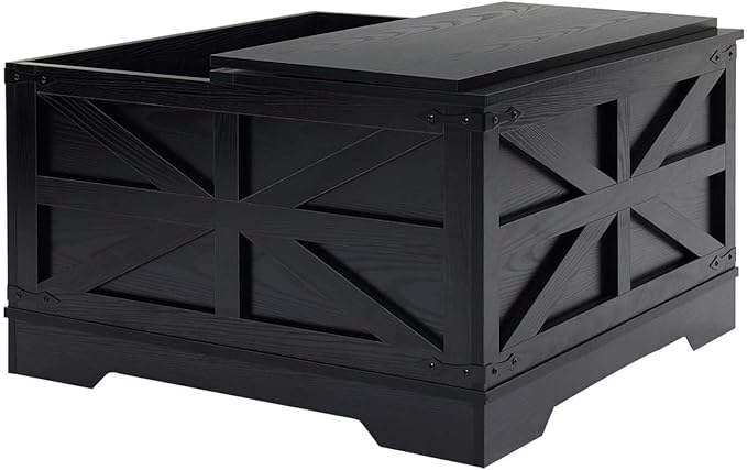 Black Coffee Table with Storage, Cocktail Table with Hinged Lift Top, Farmhouse Square Wood Center Table with Large Hidden Storage Compartment for Living Room, Square Coffee Table, Metal Edges Decor