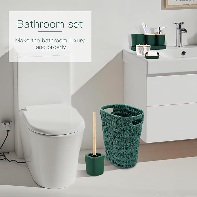 Dark Green Bathroom Accessories Set with Wicker Trash Can, Dark Green Bathroom Accessories Set Bathroom Sets Small Waste Basket Bathroom Trash Can for Bedroom Bathroom