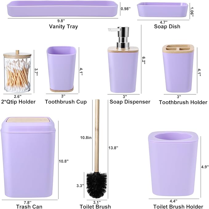 Purple Bathroom Accessories Set, 9 Piece Purple Bathroom Accessory Set with Trash Can,Toothbrush Holder,Toothbrush Cup,Lotion Soap Dispenser,Vanity Tray,Soap Dish,Toilet Brush,Qtip Holder