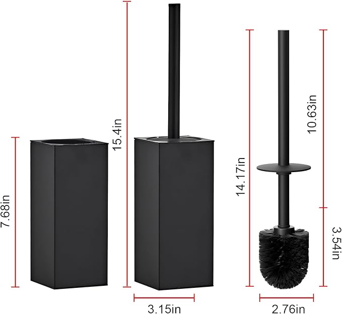 Toilet Brush and Holder Set, NEWRAIN Stainless Steel Toilet Brush with Long Brush Handle, Matte Black Toilet Scrubber and Covered Holder, Square Design Sturdy and Space Saving