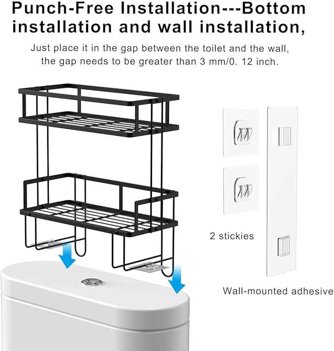 Over The Toilet Storage Shelf, 2-Tier Bathroom Storage Organizer Upgrade Punch-Free Toliet Storage Shelf, Home Storage Rack with Hooks Shelf,Black