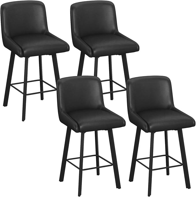 Swivel Bar Stools, 26''H Upholstered Barstools with Backs, Modern Counter Height Bar Stool Chairs for Kitchen Island, Metal Legs (Black- Faux Leather, Set of 4-26" H)