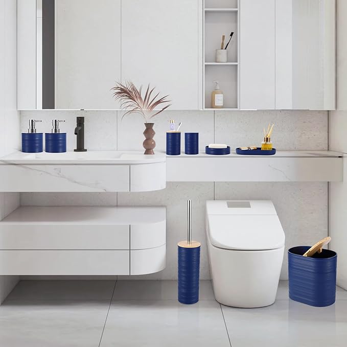 Blue Bathroom Set, Navy Blue Bathroom Accessories Set with Trash Can, 2PCS Soap Dispensers, Soap Dish, Toothbrush Holder, Toothbrush Cup,Toilet Brush, Tray and Qtip Holders for Bathroom Decor