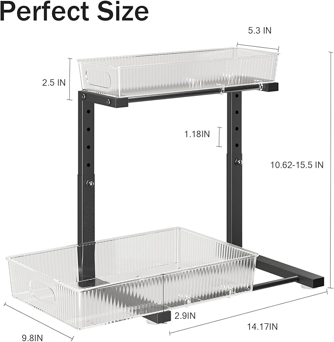 1 Pack 10.62"-15.5" H Acrylic Bathroom Under Sink Organizers And Storage Height Adjustable,2-Tier Pull Out Under Cabinet Shelf Organizer,Multi-Use Slide Out Drawer For Kitchen Laundry-Black