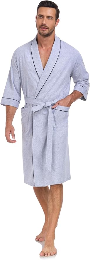 COLORFULLEAF Men's Bathrobes 100% Cotton Soft Comfort Breathable Short Sleeve Summer Kimono Mens Lightweight Robe