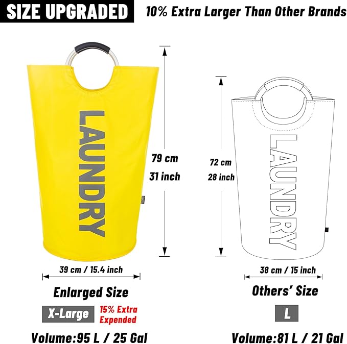 Caroeas 95L Pro Large Laundry Basket (13 Colors), Waterproof Laundry Hamper, Laundry Bag with Padded Handles, Clothes Hamper Stands Up Well, Collapsible Laundry Basket Easy Storage(Yellow)