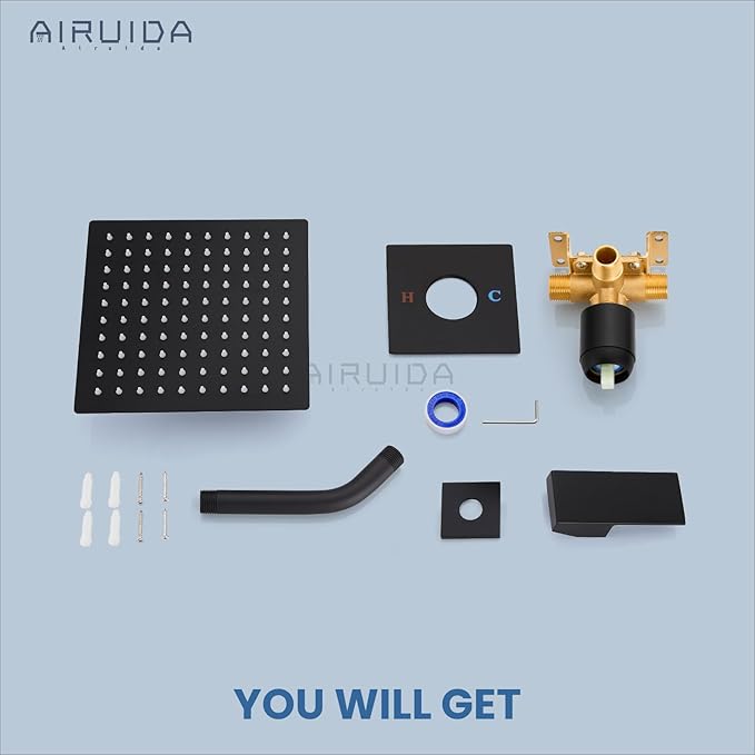 Airuida Shower Faucet Set Bathroom Rain Shower System SUS304 Stainless Steel Single Handle With Male Threads Rough-in Valve Shower Trim Kit 8 Inch Wall Mount Shower Head Matte Black