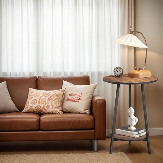 Side Table - Round Accent End Tables - Vintage Wood Color Tables for Sofa Living Room Bedroom Bedside Coffee Small Spaces - Waterproof Metal Frame, Scratch-Resistant - Easy Assembly