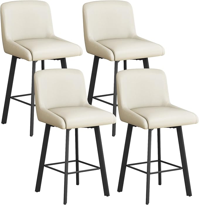 Swivel Bar Stools, 26''H Upholstered Barstools with Backs, Modern Counter Height Bar Stool Chairs for Kitchen Island, Metal Legs (Antique White- Faux Leather, Set of 4-26" H)
