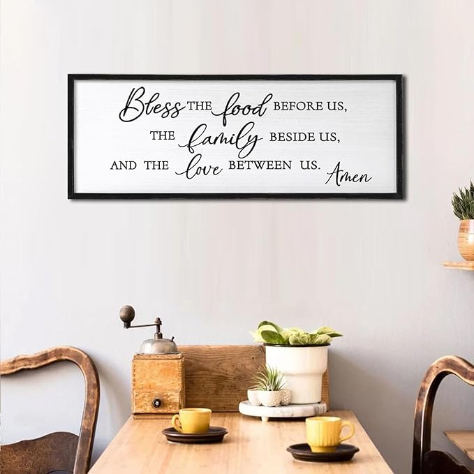 Bless the Food Before Us Wall Decor Art 24"X10" for Dining Room Kitchen Wall Wooden Framed Sign (Black)