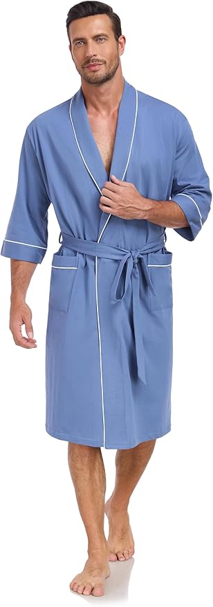 COLORFULLEAF Men's Bathrobes 100% Cotton Soft Comfort Breathable Short Sleeve Summer Kimono Mens Lightweight Robe