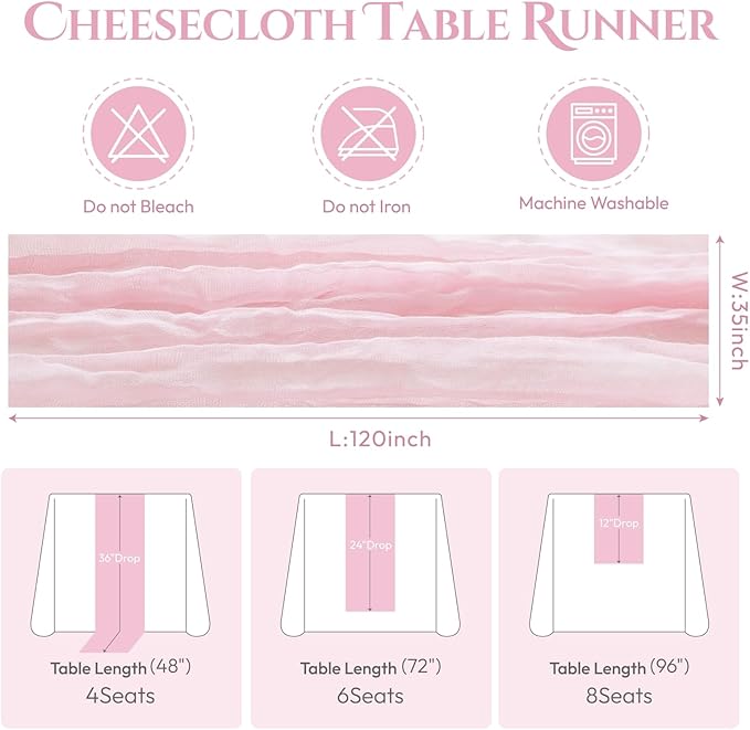 Sioloc 5 Pack Light Pink Cheesecloth Table Runner Fall Autumn Decor for Home 10ft Table Cloth for Tea Wedding Birthday Party Baby Bridal Shower Halloween Thanksgiving