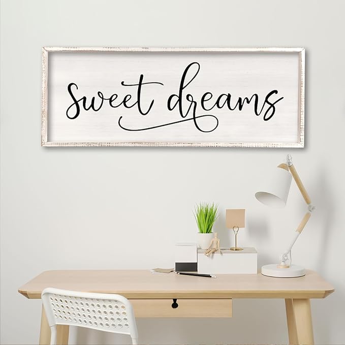 comurdyo Sweet Dreams Wall Decor Above Bed Sign 32" x 12" Master Bedroom Wooden Antique Framed Large Rustic Farmhouse Guest Room Beautiful Simple Hanging Plaque Over Bed Wall Art (White)